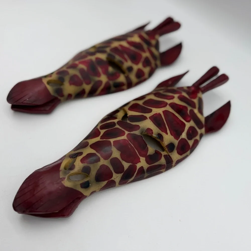 Vintage African Inspired Giraffe Mask Wall Decor Set of 2 Burgundy Animal Print